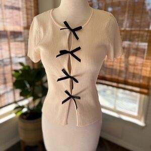 LOFT Cream Ribbed Top with Black Bow Details